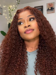 7x5 Glueless Lace Bye-Bye Knots Wig Reddish Brown Curly Wig With Bleached Knots 150% Density