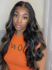 Put On And Go 6x4.5 Pre-Cut Lace Black With Blonde Highlights Body Wave Wig 150% Density