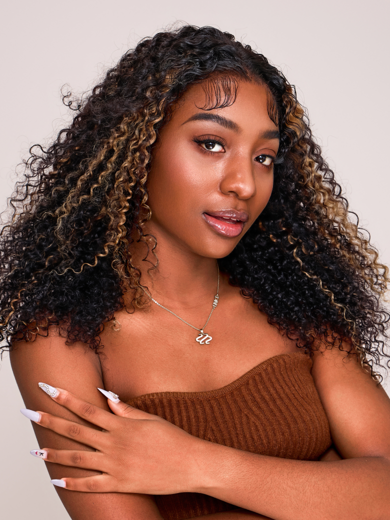 [200% Density from 20"] 6x4.5 Pre Cut Lace Curly Wig Put On And Go Quick Easy Black With Blonde Highlights