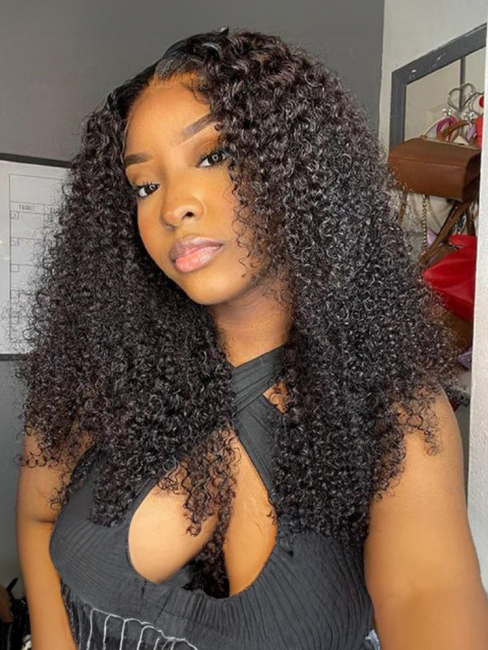 Petaluxe No Glue No Leave Out 150% Density V Part Curly Wigs 100% Real Virgin Human Hair