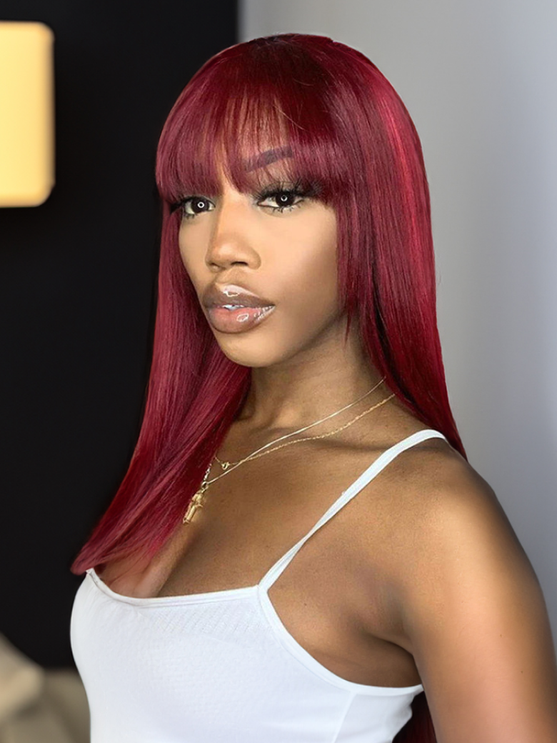 18 Inch Burgundy Silk Straight Human Hair Wigs with Bangs Glueless Machine Made Wigs for Women Real Hair Wig