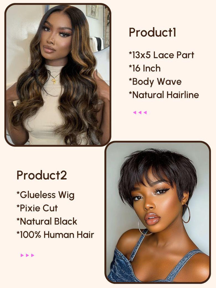 Petaluxe $99=2 Wigs | 16" Lace Frontal Balayage Lace Part Wig and Pixie Cut Glueless Wig