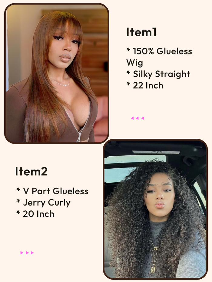 Petaluxe 2 Wigs $209 for Chestnut Brown Straight 22" And V Part Jerry Curly 20" Wigs