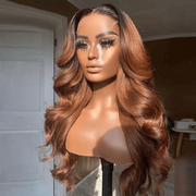 5x5 HD Lace Light Auburn Straight Wig With Dark Roots Human Hair Wig 180% Density