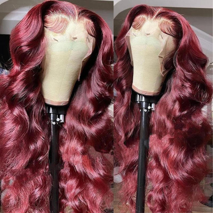 Weekend Sale Petaluxe Red Wine Body Wave Burgundy T part Lace Part Wig 150% density