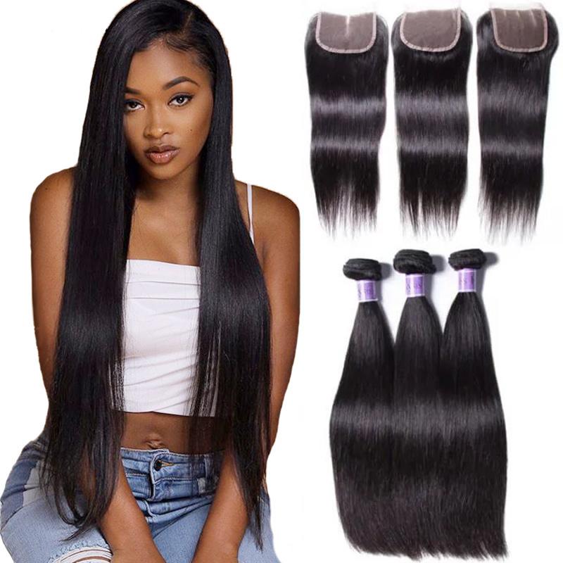 Brazilian Straight Virgin Hair 3 Bundles With Lace Closure Kysiss Series