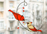 Pair of Cardinal Bird Stained Ornament Style 1