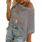 Short Sleeve Crochet Sweater Lightweight Summer Tops Loose Hollow Out Crewneck Pullover