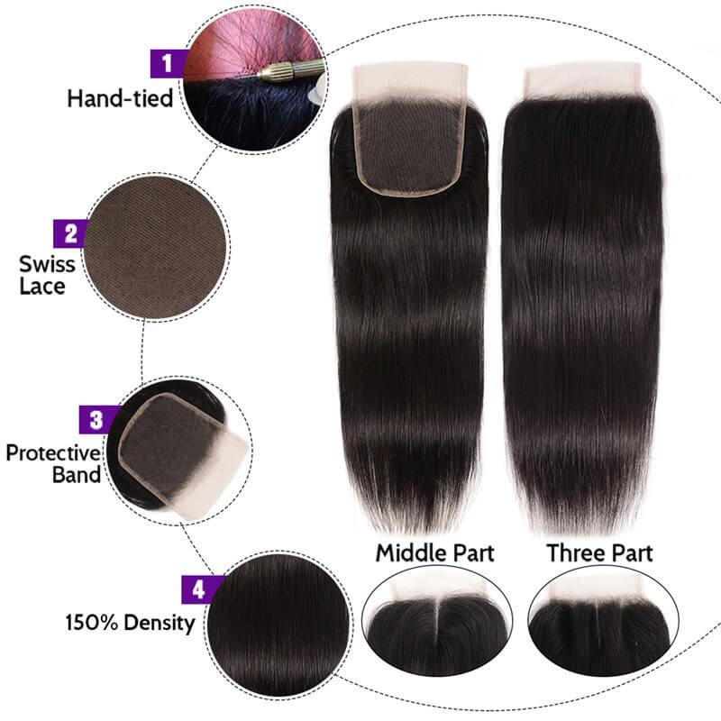 100% Malaysian Straight Virgian Hair 3 Bundles With Closure Kysiss Series