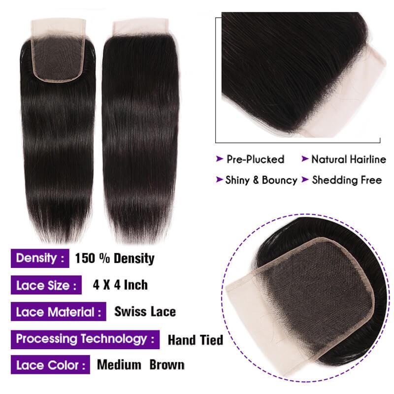 3 Bundles Of Indian Straight Hair With Lace Closure Kysiss Series