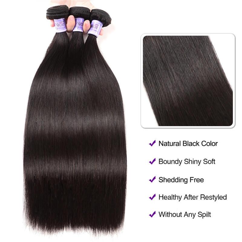 100% Malaysian Straight Virgian Hair 3 Bundles With Closure Kysiss Series