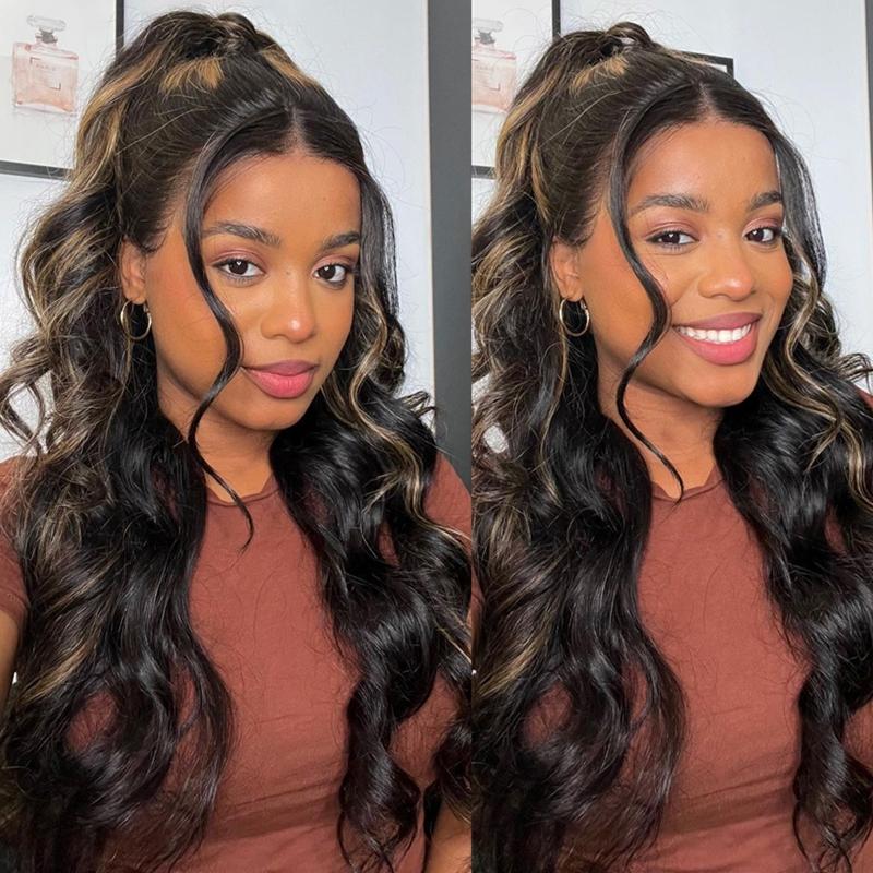 Queen Leora same wig Tiktok 13x4 Transparent Lace Front Chocolate Brown With Peek A Boo Blonde Highlights Body Wave Wig