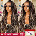 Petaluxe Queen Leora same wig Tiktok 13x4 Transparent Lace Front Chocolate Brown With Peek A Boo Blonde Highlights Body Wave Wig