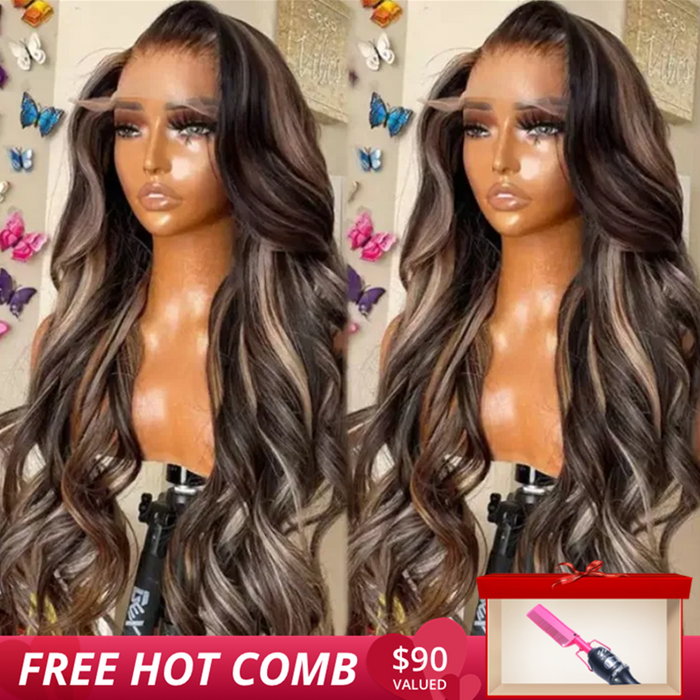 Petaluxe Queen Leora same wig Tiktok 13x4 Transparent Lace Front Chocolate Brown With Peek A Boo Blonde Highlights Body Wave Wig