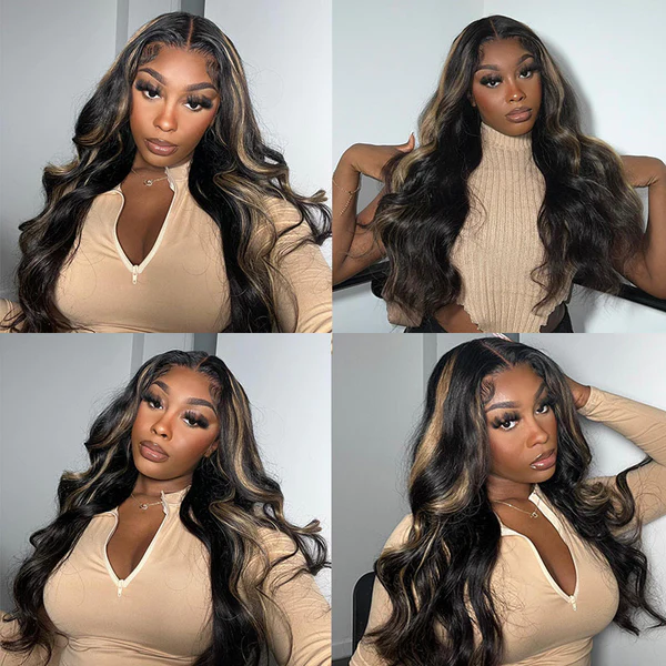 13x4 Lace Front Chocolate Brown With Peek A Boo Highlight Blonde Lace Front Body Wave Wig Perfect For Summer