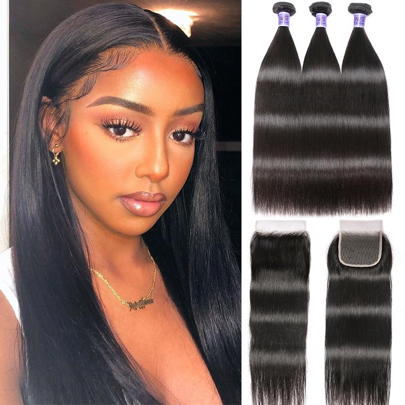 Peruvian Straight Hair 3 Bundles deals with Lace closure Kysiss Series
