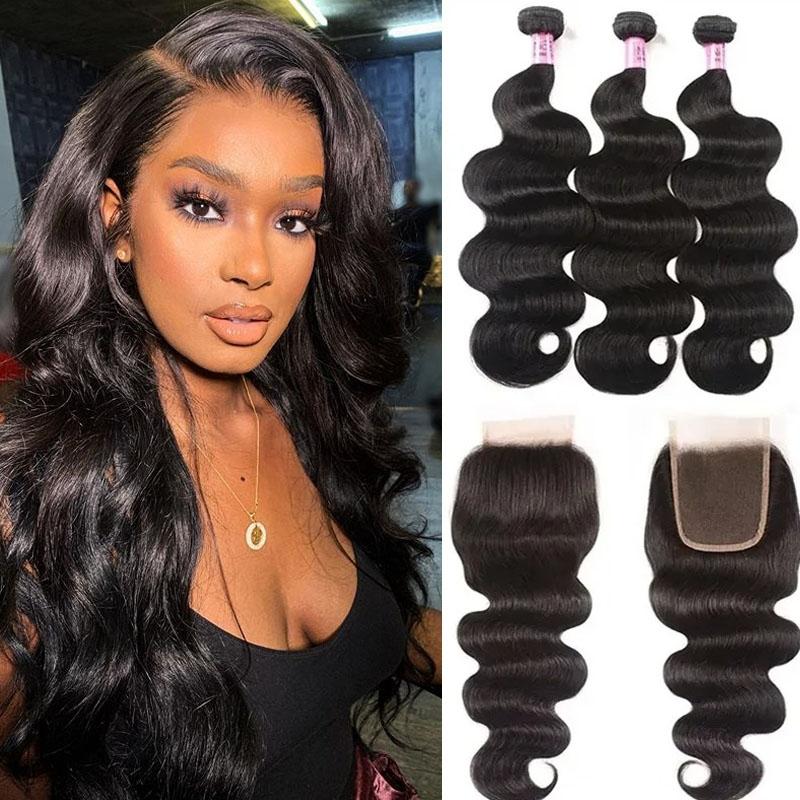 Hair Unprocessed Body Wave Hair 3 Bundles With 4x4 Lace Closure