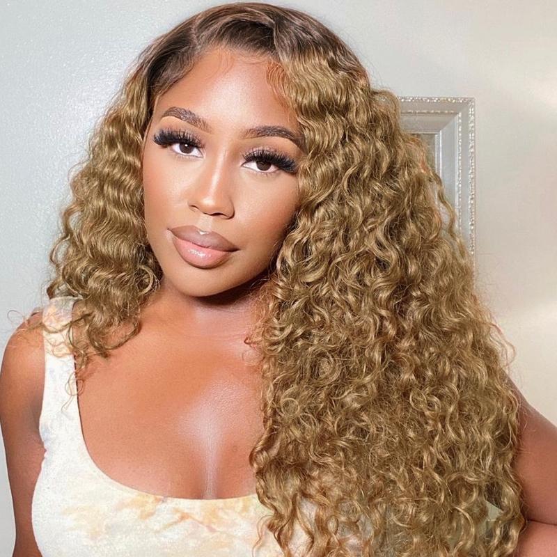 Flash Sale Honey Blonde Wig with Brown Roots Deep Wave Lace Front Wig