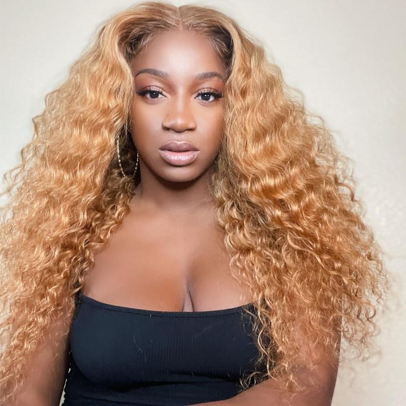 Flash Sale Honey Blonde Wig with Brown Roots Deep Wave Lace Front Wig
