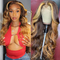 Petaluxe Long Wavy Curtain Bangs Brown and Blonde Ombre Body Wave 13x4 Lace Front Wigs