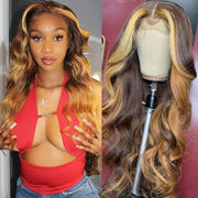 Long Wavy Curtain Bangs Brown and Blonde Ombre Body Wave 13x4 Lace Front Wigs
