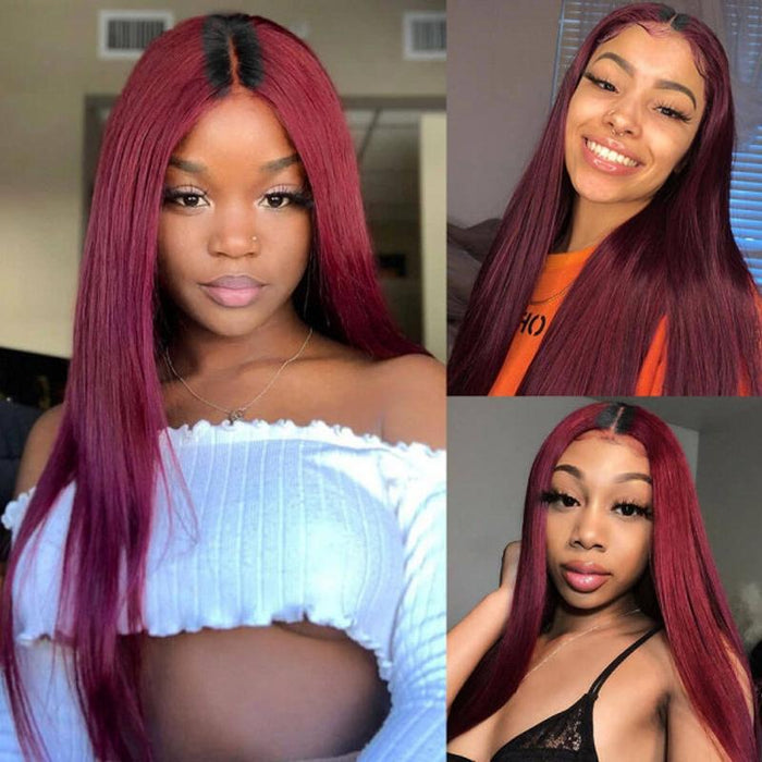 Petaluxe 1B99J Burgundy Ombre Hot Cherry Human Hair Straight New U Part Wig